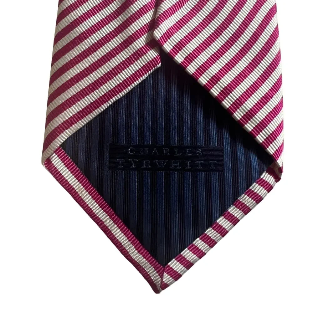 Charles Tyrwhitt Pink White Diagonal Striped 100% Silk Neck Tie